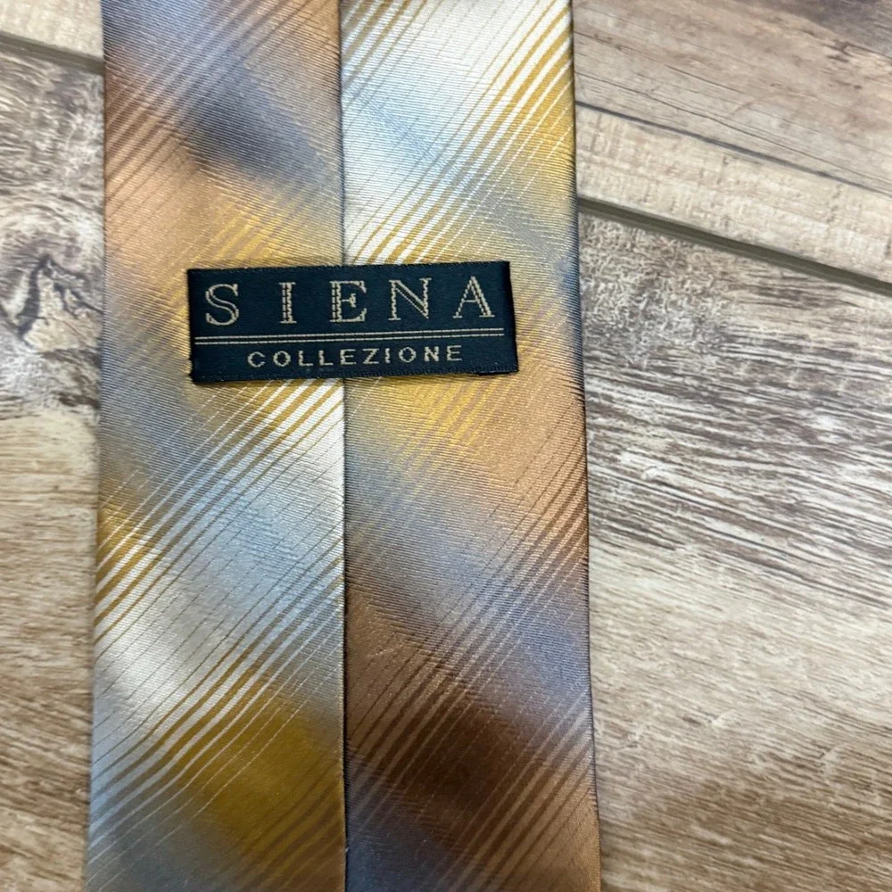 Siena Collezione Mens Silk Necktie Gold Silver Bronze Diagonal Plaid Check Tie‎